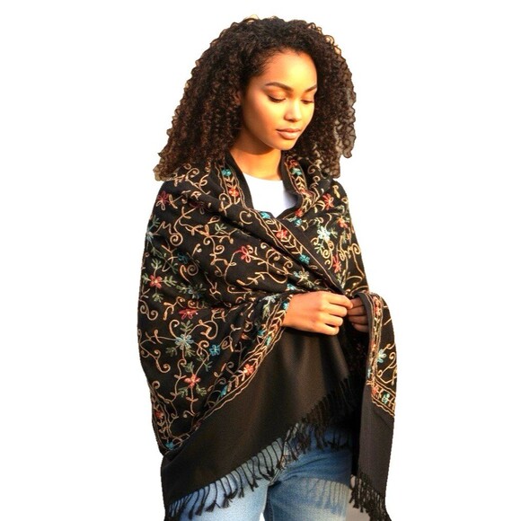 Cashmere Pashmina Floral Jeweled Embroidered Shawl Wrap Made in India 30"x72" - Picture 4 of 9